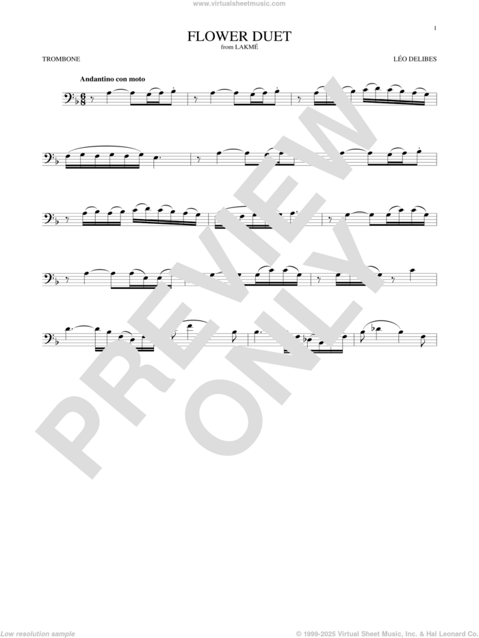 Flower Duet sheet music for trombone solo by Leo Delibes and Leo Delibes, classical score, intermediate skill level