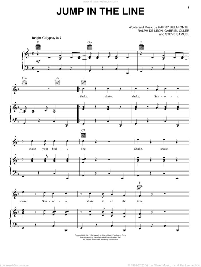 Jump In The Line sheet music for voice, piano or guitar by Harry Belafonte, Raymond Bell, Gabriel Oller, Jeff Simmons, Ralph De Leon, Steve Primatic and Steve Samuel, intermediate skill level