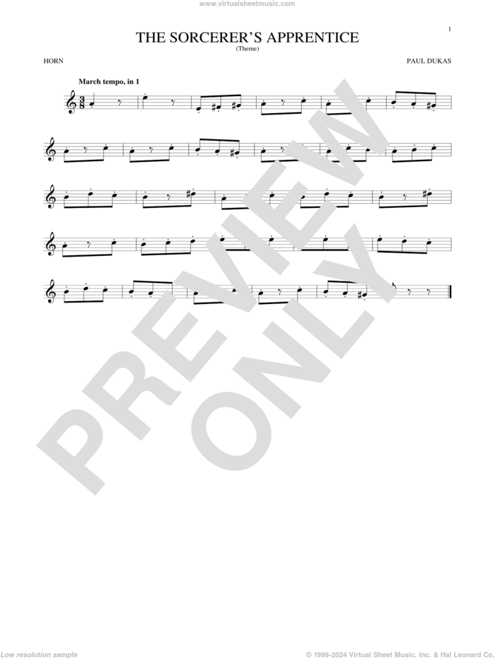 The Sorcerer's Apprentice sheet music for horn solo by Paul Dukas, classical score, intermediate skill level