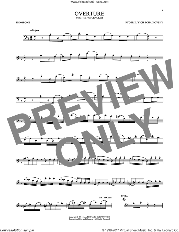Overture sheet music for trombone solo by Pyotr Ilyich Tchaikovsky, classical score, intermediate skill level