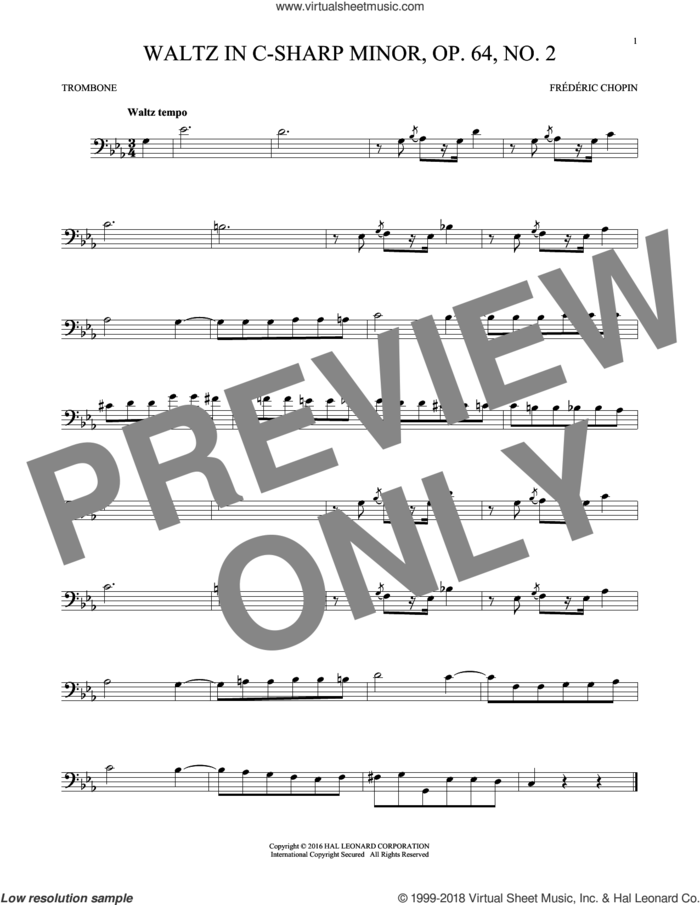 Waltz In C-Sharp Minor, Op. 64, No. 2 sheet music for trombone solo by Frederic Chopin, classical score, intermediate skill level