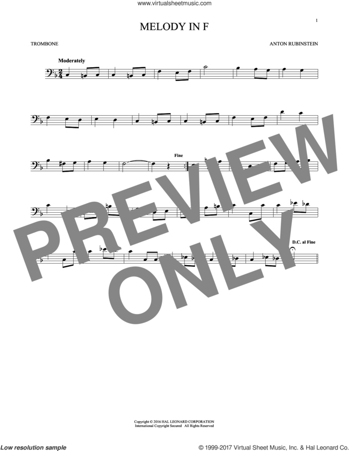 Melody In F sheet music for trombone solo by Anton Rubinstein, classical score, intermediate skill level
