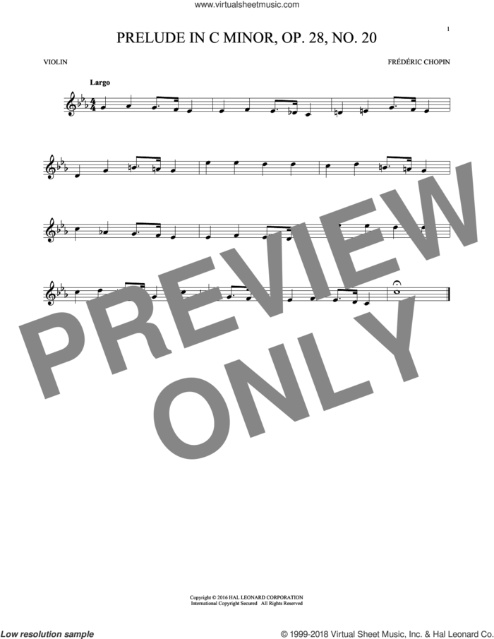 Prelude, Op. 28, No. 20 sheet music for violin solo by Frederic Chopin, classical score, intermediate skill level