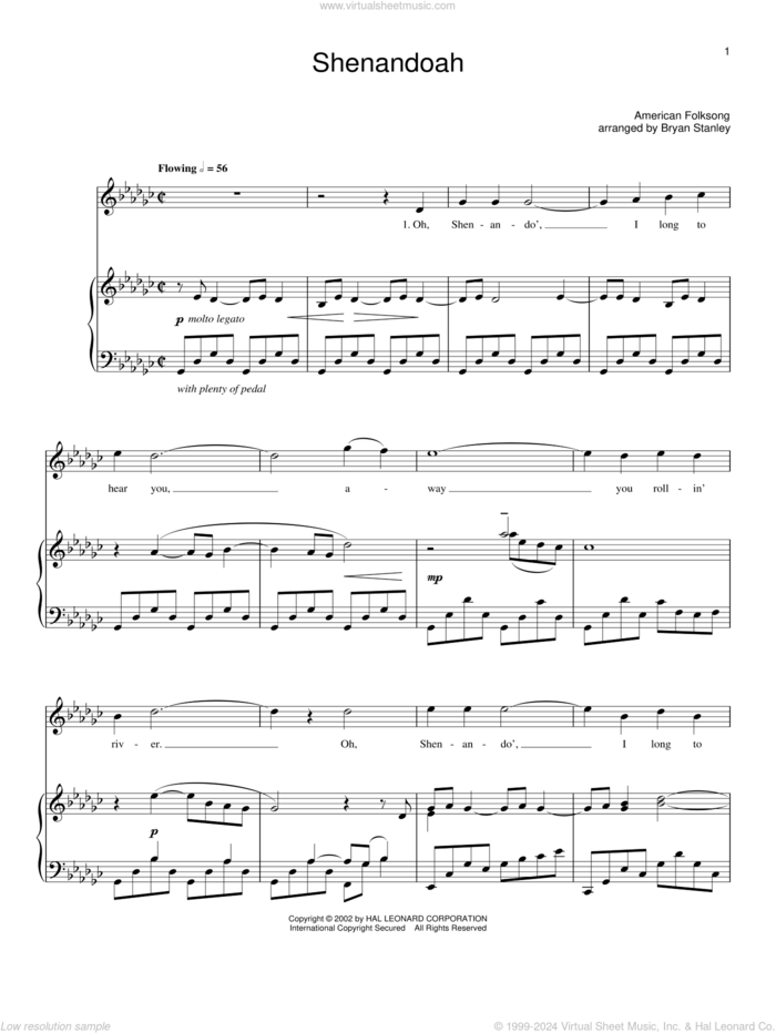 Shenandoah sheet music for voice, piano or guitar, intermediate skill level