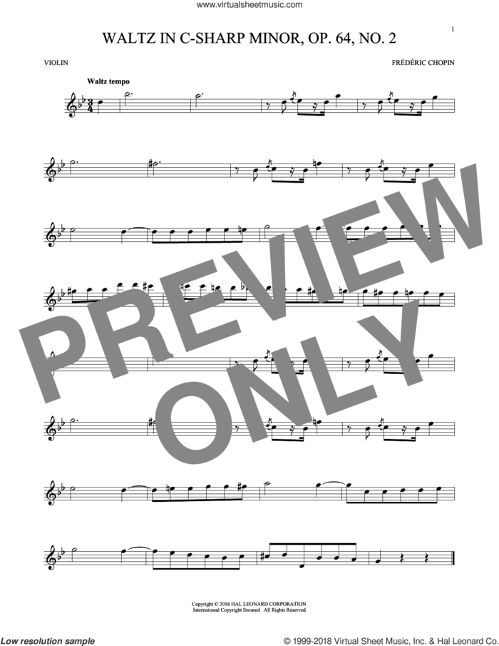 Waltz In C-Sharp Minor, Op. 64, No. 2 sheet music for violin solo by Frederic Chopin, classical score, intermediate skill level