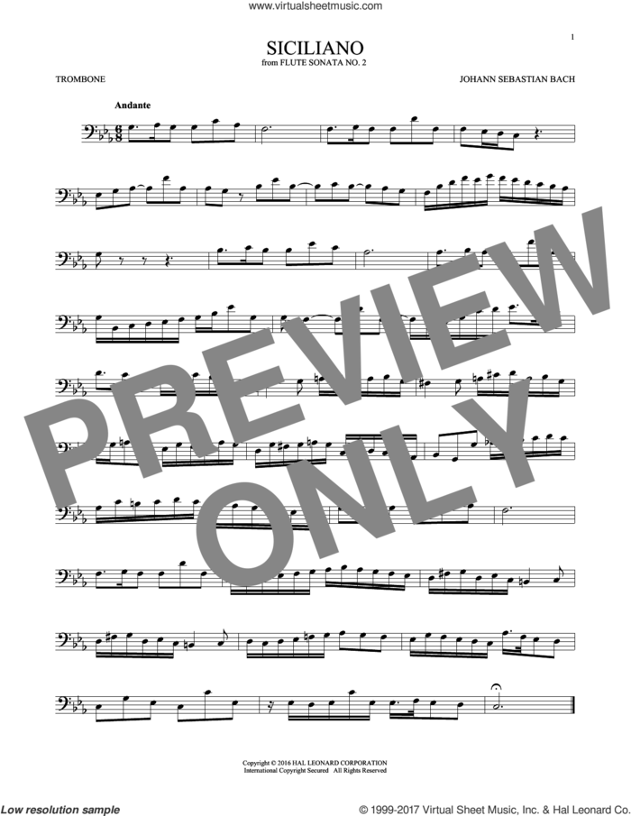 Siciliano sheet music for trombone solo by Johann Sebastian Bach, classical score, intermediate skill level