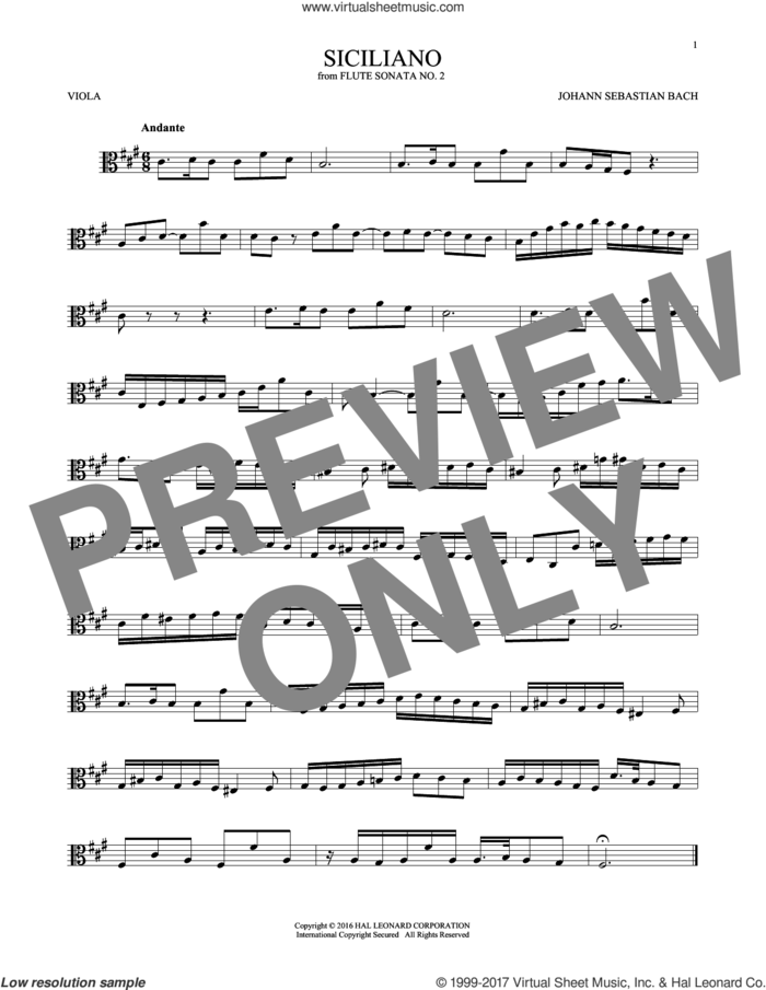 Siciliano sheet music for viola solo by Johann Sebastian Bach, classical score, intermediate skill level