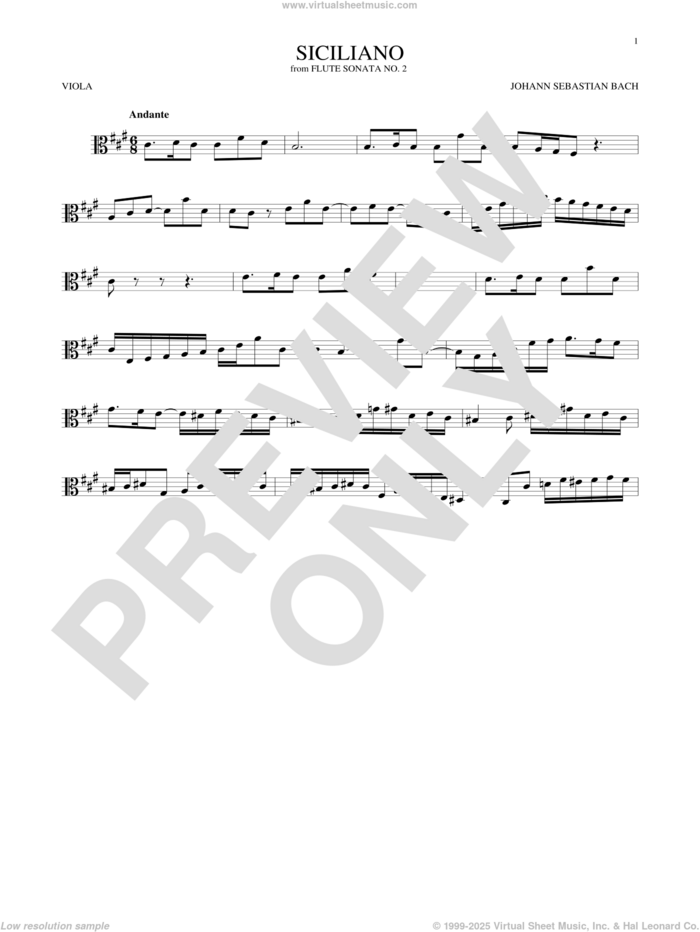 Siciliano sheet music for viola solo by Johann Sebastian Bach, classical score, intermediate skill level