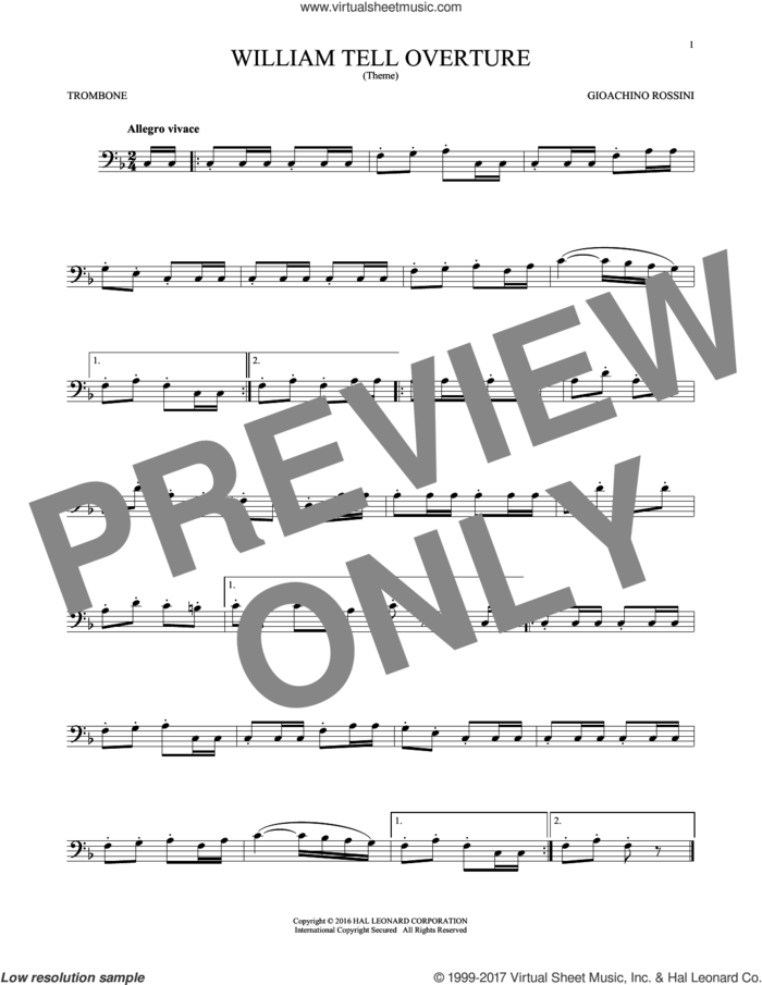 William Tell Overture sheet music for trombone solo by Rossini, Gioacchino, classical score, intermediate skill level