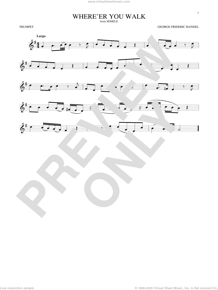 Where E'er You Walk sheet music for trumpet solo by George Frideric Handel, classical score, intermediate skill level