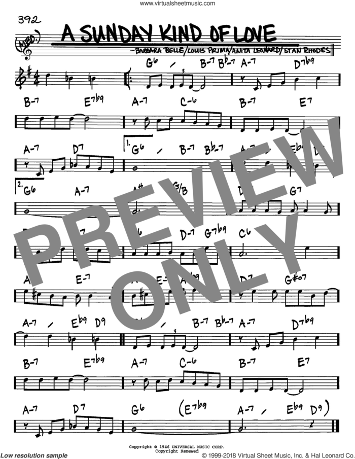 A Sunday Kind Of Love sheet music for voice and other instruments (in Bb) by Louis Prima, Anita Nye, Barbara Belle and Stan Rhodes, intermediate skill level