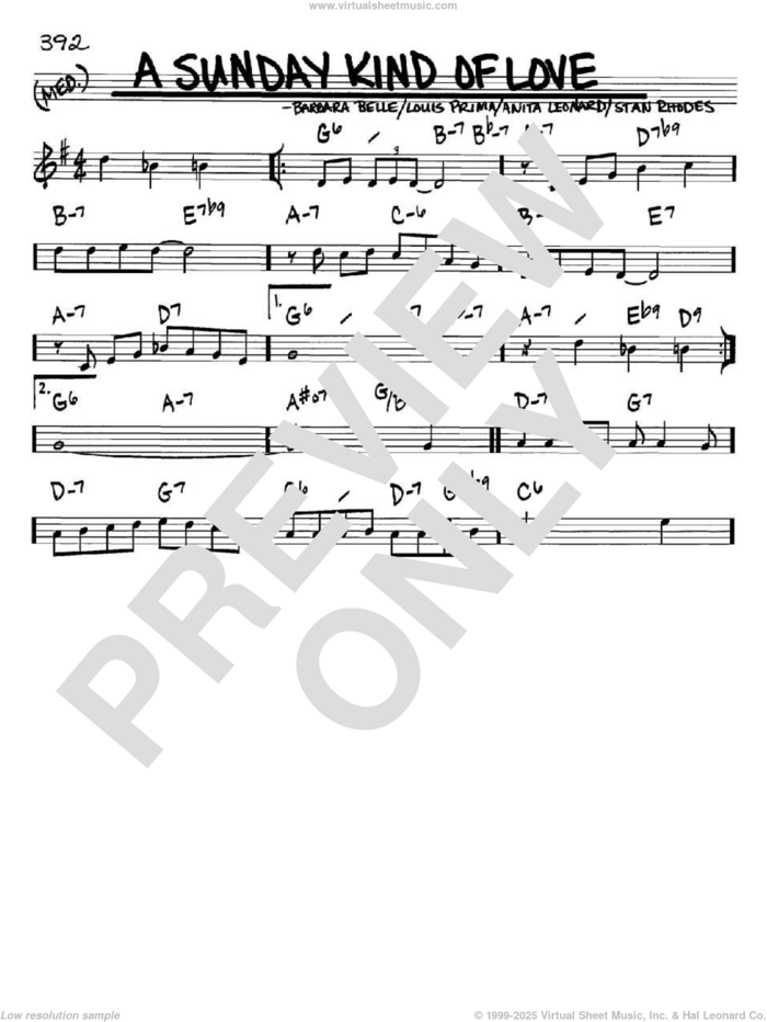 A Sunday Kind Of Love sheet music for voice and other instruments (in Bb) by Louis Prima, Anita Nye, Barbara Belle and Stan Rhodes, intermediate skill level