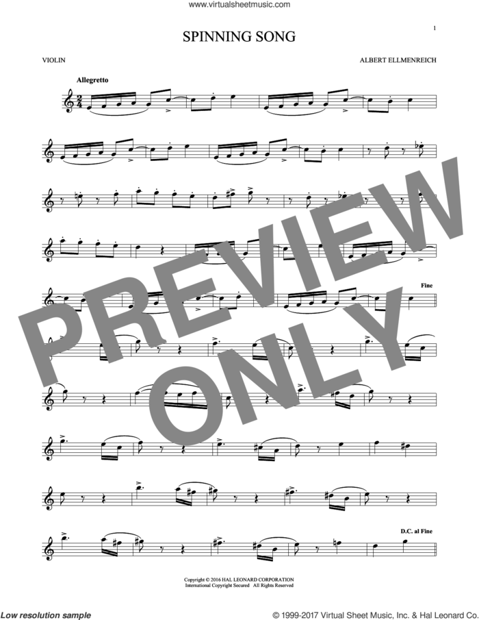 Spinning Song sheet music for violin solo by Albert Ellmenreich, classical score, intermediate skill level