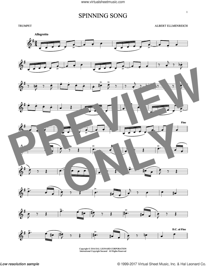 Spinning Song sheet music for trumpet solo by Albert Ellmenreich, classical score, intermediate skill level