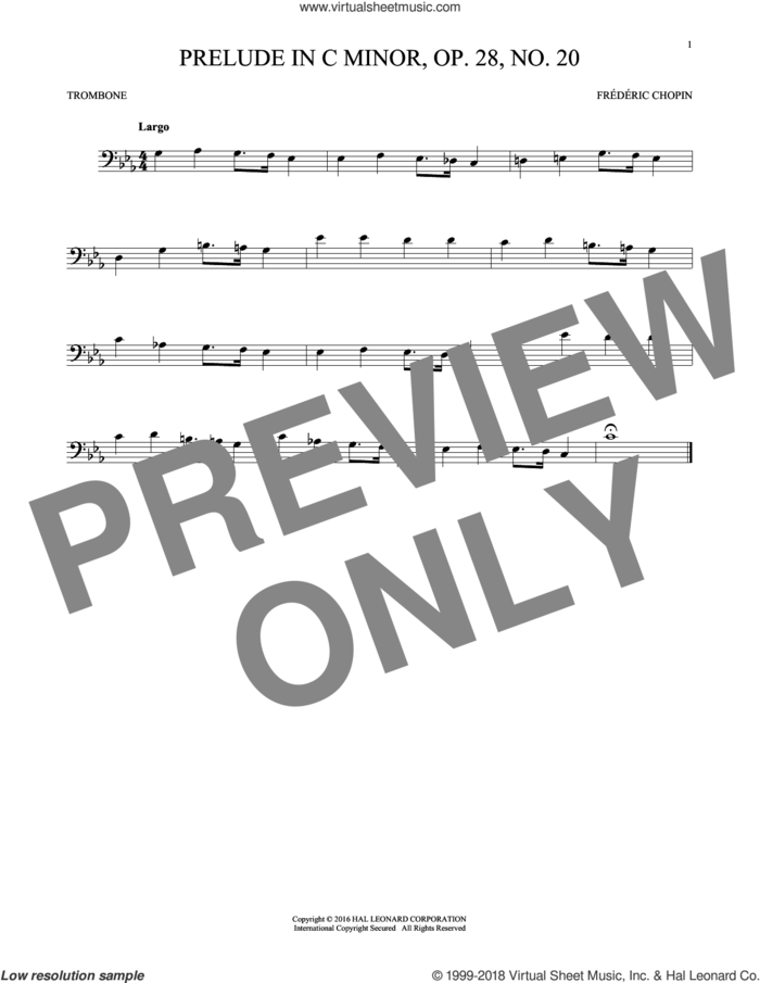 Prelude, Op. 28, No. 20 sheet music for trombone solo by Frederic Chopin, classical score, intermediate skill level
