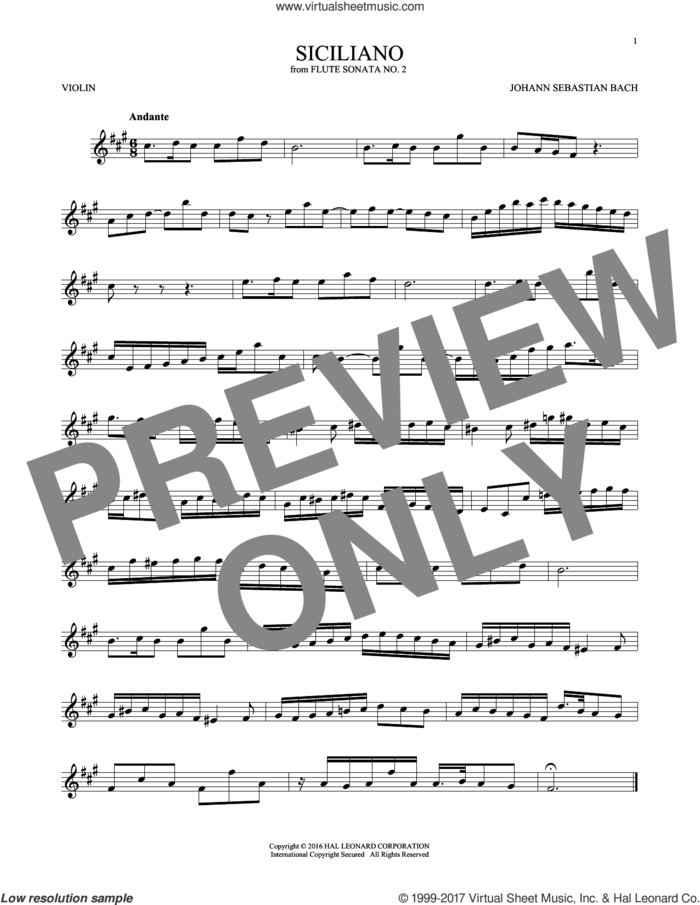 Siciliano sheet music for violin solo by Johann Sebastian Bach, classical score, intermediate skill level