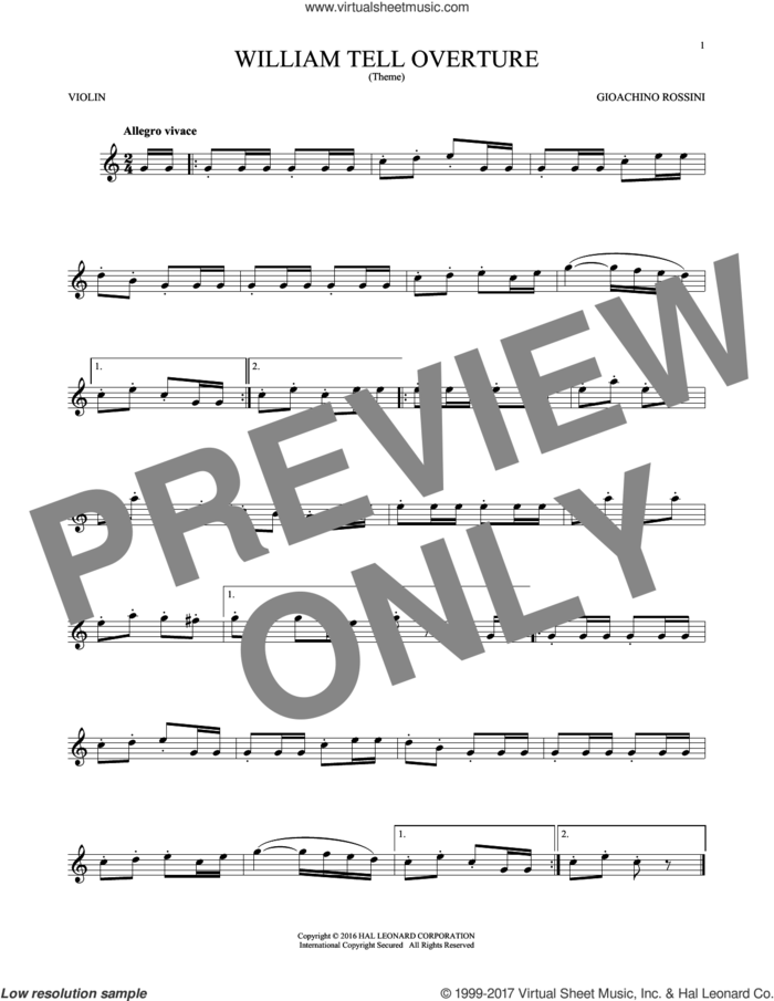 William Tell Overture sheet music for violin solo by Rossini, Gioacchino, classical score, intermediate skill level