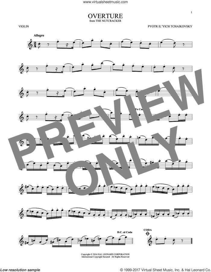 Overture sheet music for violin solo by Pyotr Ilyich Tchaikovsky, classical score, intermediate skill level