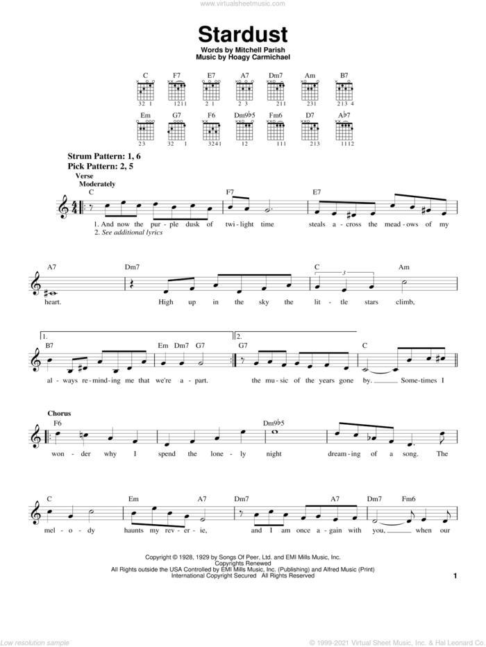 Stardust sheet music for guitar solo (chords) by Hoagy Carmichael and Mitchell Parish, easy guitar (chords)
