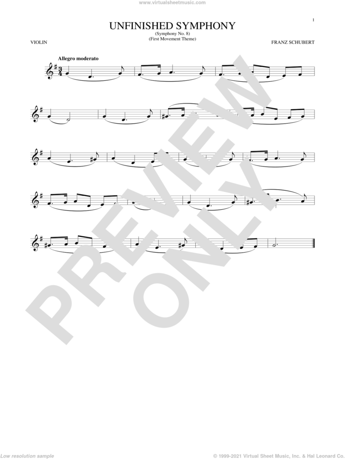 The Unfinished Symphony (Theme) sheet music for violin solo by Franz Schubert, classical score, intermediate skill level