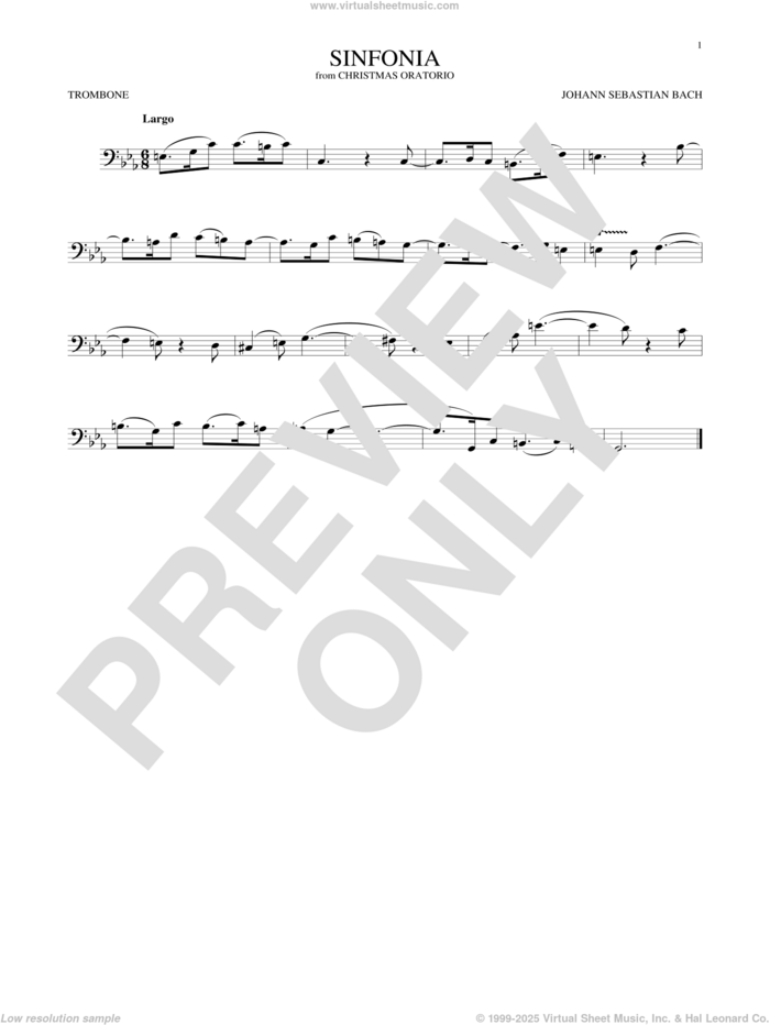 Sinfonia sheet music for trombone solo by Johann Sebastian Bach, classical score, intermediate skill level