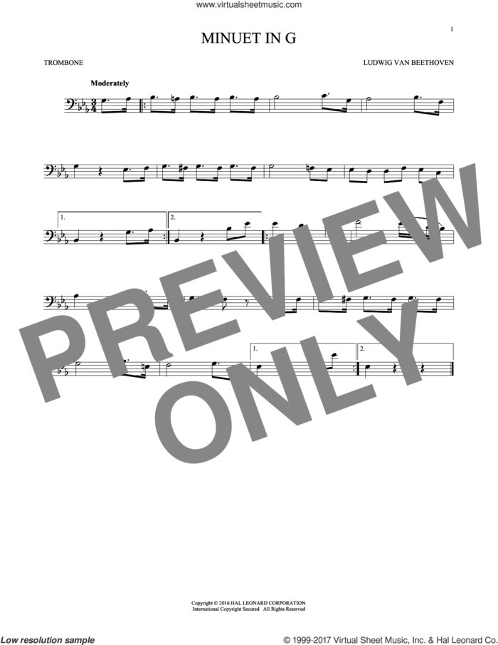Minuet In G sheet music for trombone solo by Johann Sebastian Bach, classical score, intermediate skill level