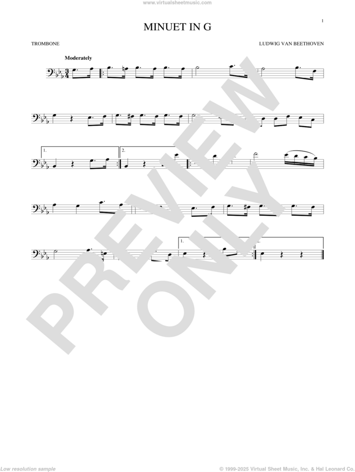 Minuet In G sheet music for trombone solo by Johann Sebastian Bach, classical score, intermediate skill level