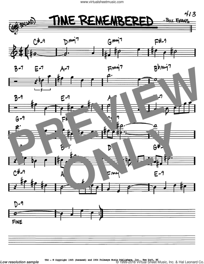 Time Remembered sheet music for voice and other instruments (in Bb) by Bill Evans, intermediate skill level