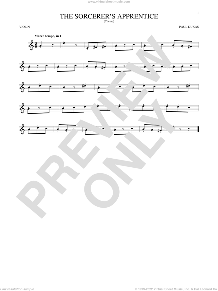 The Sorcerer's Apprentice sheet music for violin solo by Paul Dukas, classical score, intermediate skill level