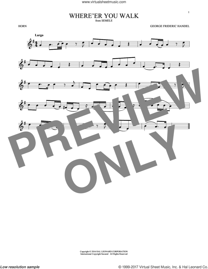 Where E'er You Walk sheet music for horn solo by George Frideric Handel, classical score, intermediate skill level