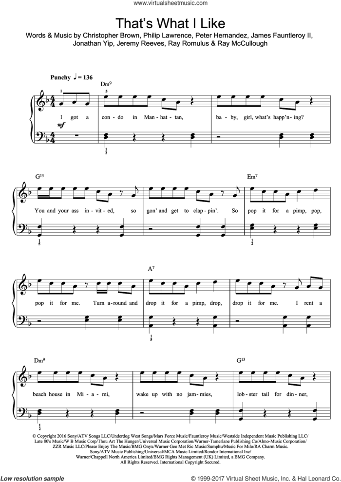 That's What I Like sheet music for piano solo (beginners) by Bruno Mars, Chris Brown, James Fauntleroy, Jeremy Reeves, Jonathan Yip, Peter Hernandez, Philip Lawrence, Ray McCullough and Ray Romulus, beginner piano (beginners)