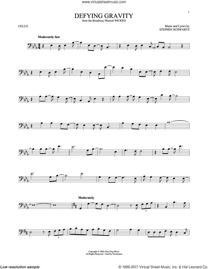 Defying Gravity (from Wicked) sheet music for cello solo by Stephen Schwartz, intermediate skill level