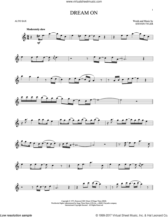 Dream On sheet music for alto saxophone solo by Aerosmith and Steven Tyler, intermediate skill level