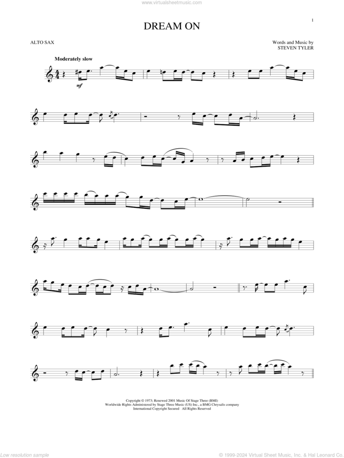 Dream On sheet music for alto saxophone solo by Aerosmith and Steven Tyler, intermediate skill level