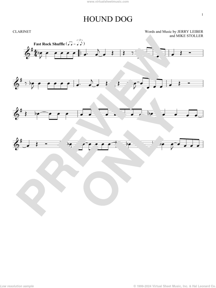 Hound Dog sheet music for clarinet solo by Elvis Presley, Jerry Leiber and Mike Stoller, intermediate skill level