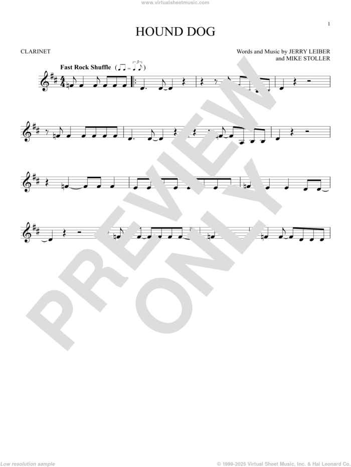 Hound Dog sheet music for clarinet solo by Elvis Presley, Jerry Leiber and Mike Stoller, intermediate skill level