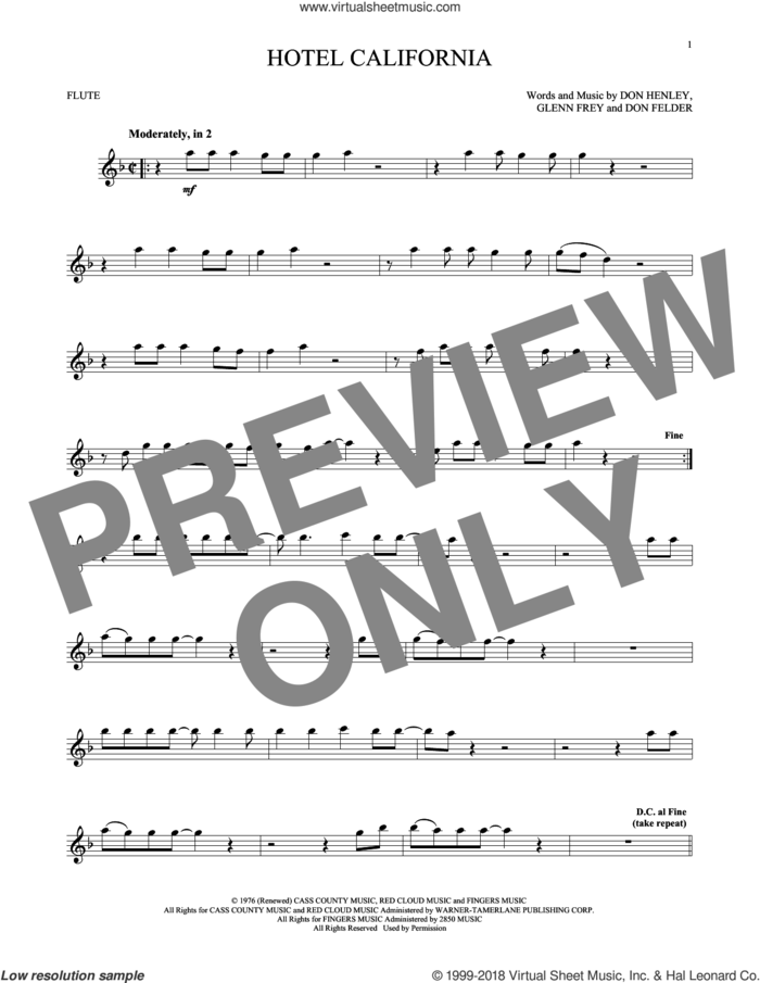Hotel California sheet music for flute solo by Don Henley, The Eagles, Don Felder and Glenn Frey, intermediate skill level