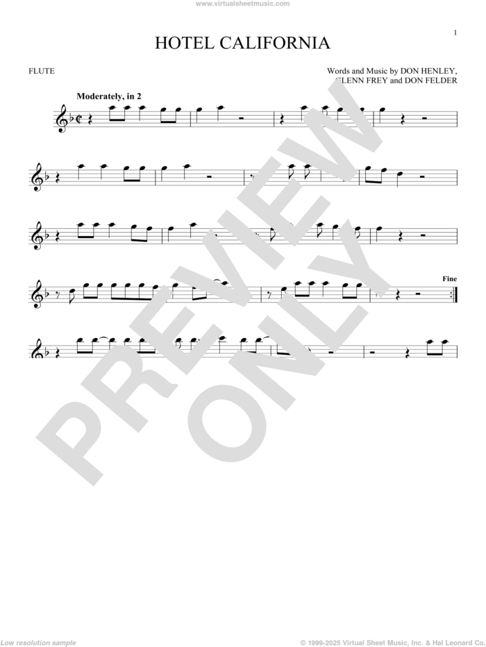 Hotel California sheet music for flute solo by Don Henley, The Eagles, Don Felder and Glenn Frey, intermediate skill level