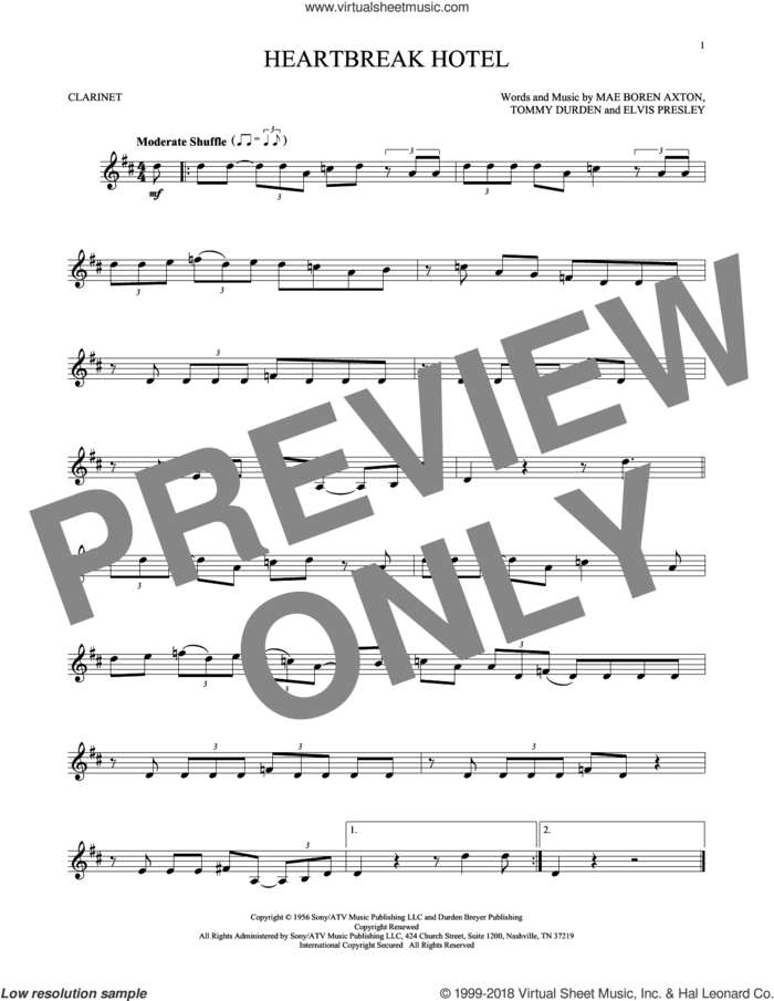 Heartbreak Hotel sheet music for clarinet solo by Elvis Presley, Mae Boren Axton and Tommy Durden, intermediate skill level