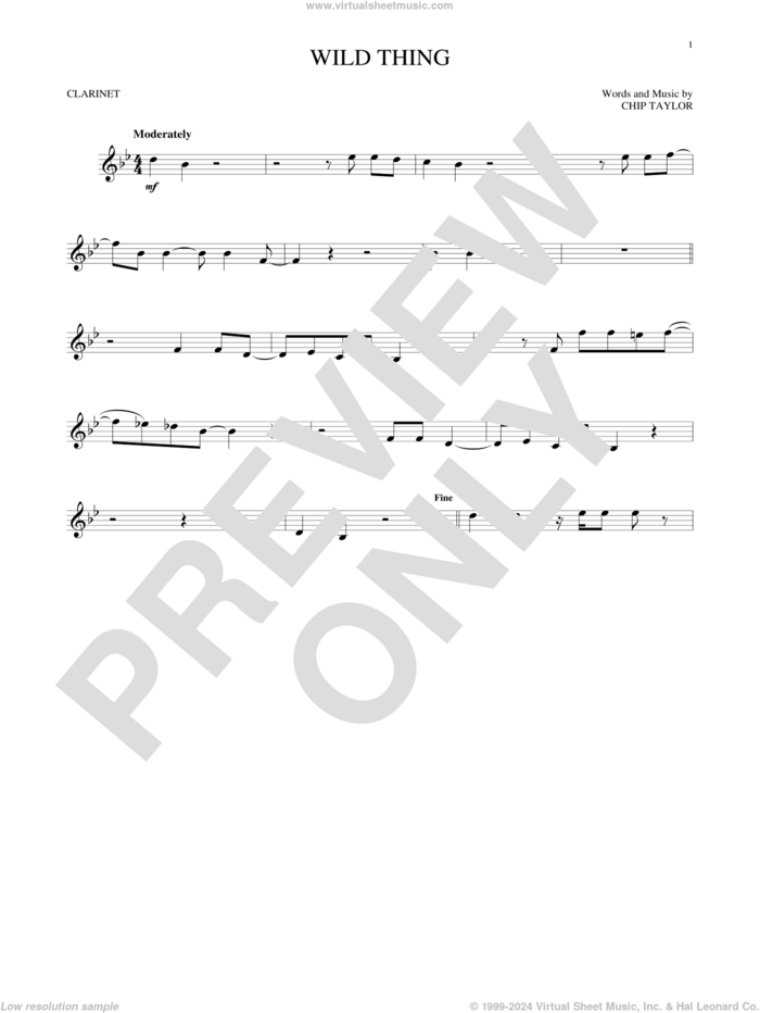 Wild Thing sheet music for clarinet solo by The Troggs and Chip Taylor, intermediate skill level