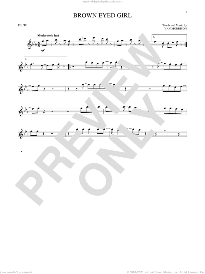Brown Eyed Girl sheet music for flute solo by Van Morrison, intermediate skill level