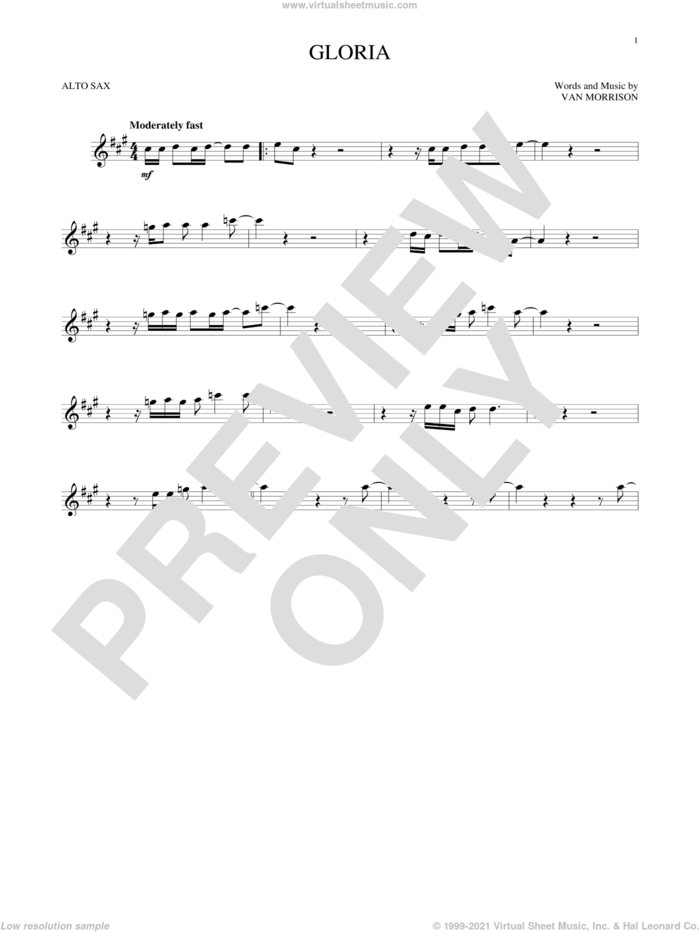Gloria sheet music for alto saxophone solo by Van Morrison, intermediate skill level