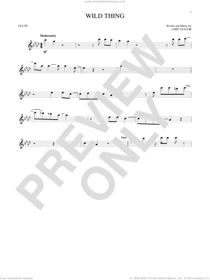 Wild Thing sheet music for flute solo by The Troggs and Chip Taylor, intermediate skill level