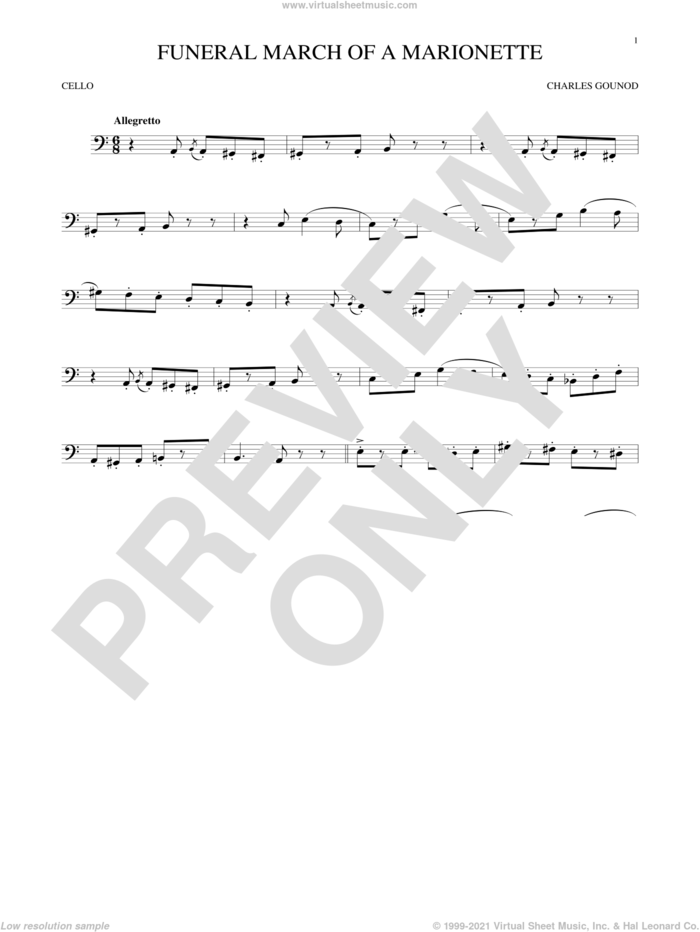 Funeral March Of A Marionette sheet music for cello solo by Charles Gounod, classical score, intermediate skill level