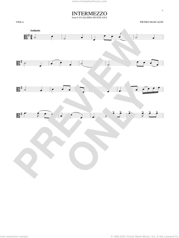 Intermezzo sheet music for viola solo by Pietro Mascagni, classical score, intermediate skill level