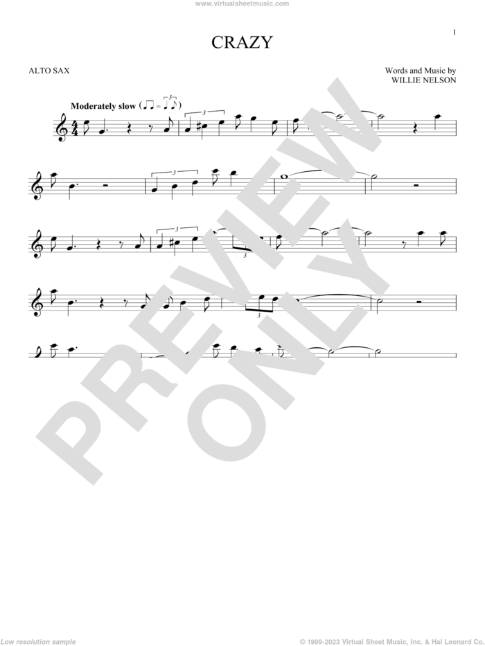 Crazy sheet music for alto saxophone solo by Willie Nelson and Patsy Cline, intermediate skill level