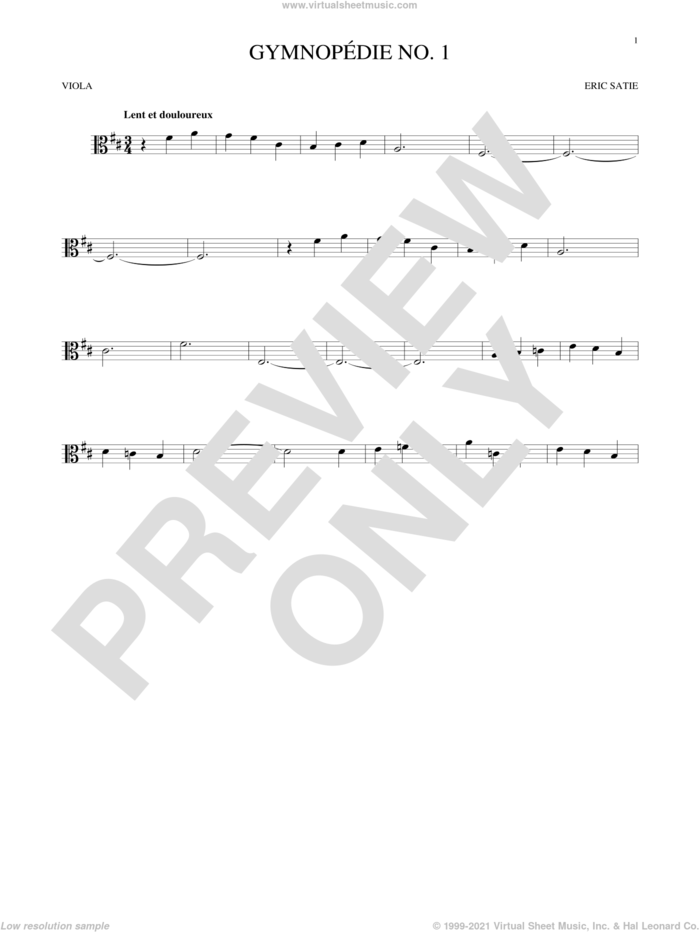 Gymnopedie No. 1 sheet music for viola solo by Erik Satie, classical score, intermediate skill level