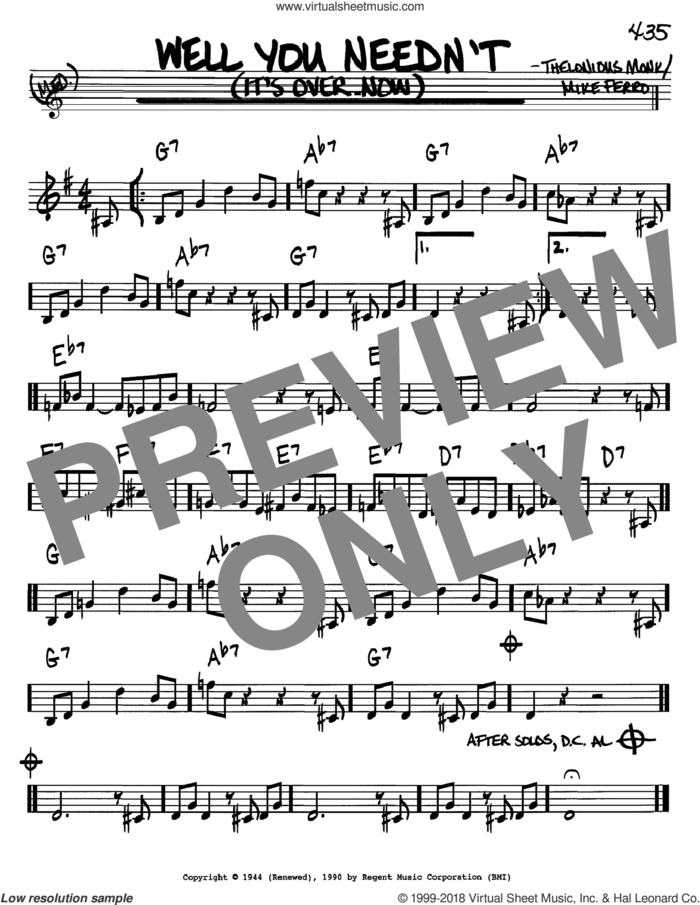 Well You Needn't (It's Over Now) sheet music for voice and other instruments (in Bb) by Thelonious Monk and Mike Ferro, intermediate skill level