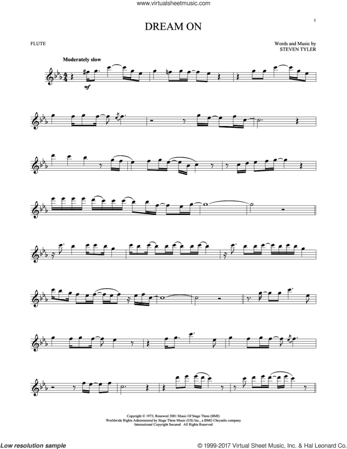Dream On sheet music for flute solo by Aerosmith and Steven Tyler, intermediate skill level