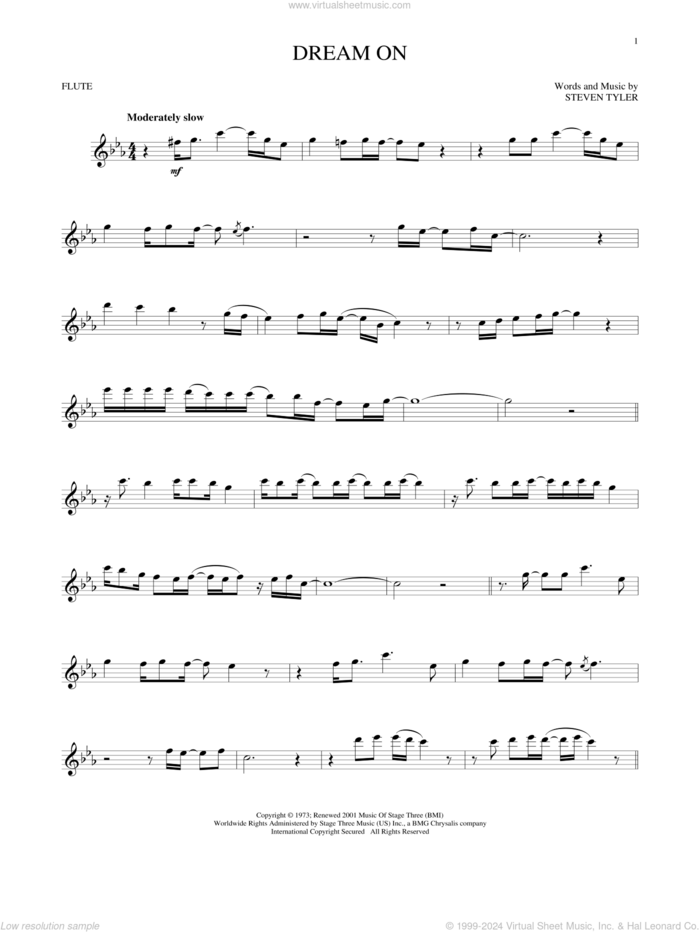 Dream On sheet music for flute solo by Aerosmith and Steven Tyler, intermediate skill level